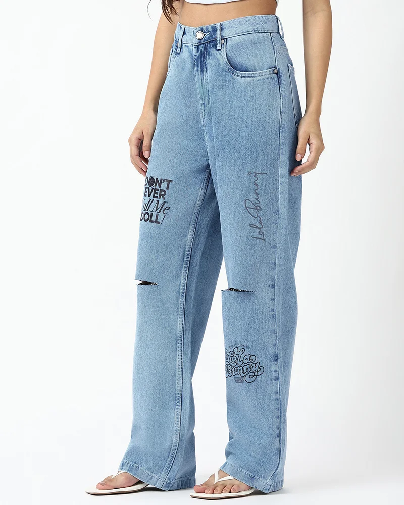 بيواكوف Women's Light Blue Washed Straight Fit Distressed Jeans